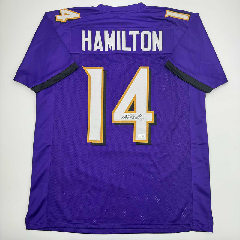 Autographed/Signed Kyle Hamilton Baltimore Purple Football Jersey Beckett BAS COA