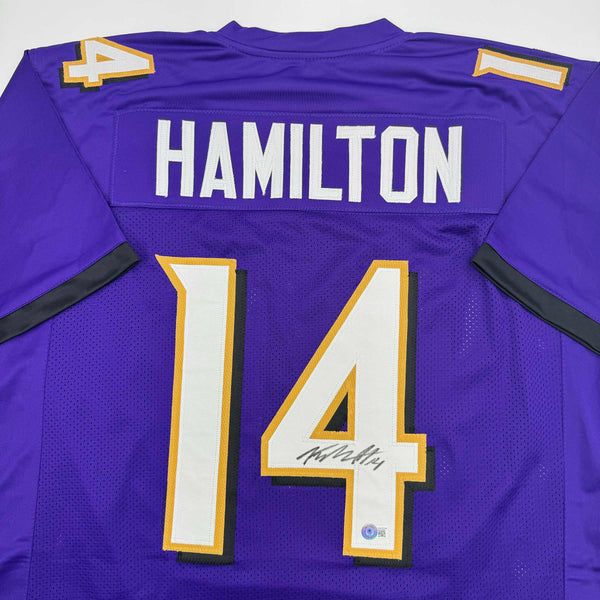 Autographed/Signed Kyle Hamilton Baltimore Purple Football Jersey Beckett BAS COA