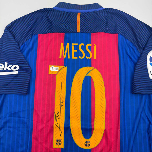 Autographed/Signed Lionel Leo Messi FC Barcelona Soccer Jersey Beckett BAS COA #4