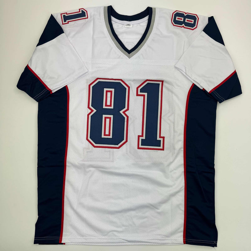Autographed/Signed Randy Moss New England White Football Jersey Beckett BAS COA