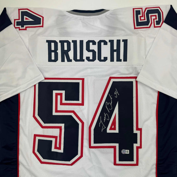 Autographed/Signed Tedy Bruschi New England White Football Jersey Beckett BAS COA