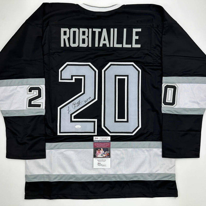 Autographed/Signed Luc Robitaille HOF 09 Los Angeles LA Black Hockey Jersey JSA COA