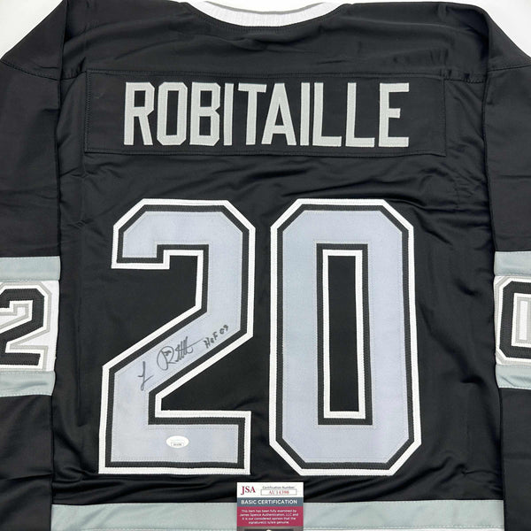 Autographed/Signed Luc Robitaille HOF 09 Los Angeles LA Black Hockey Jersey JSA COA