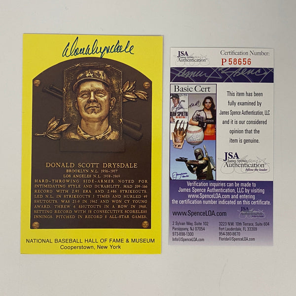 Autographed/Signed Don Drysdale HOF Hall Of Fame Baseball Plaque Postcard JSA COA