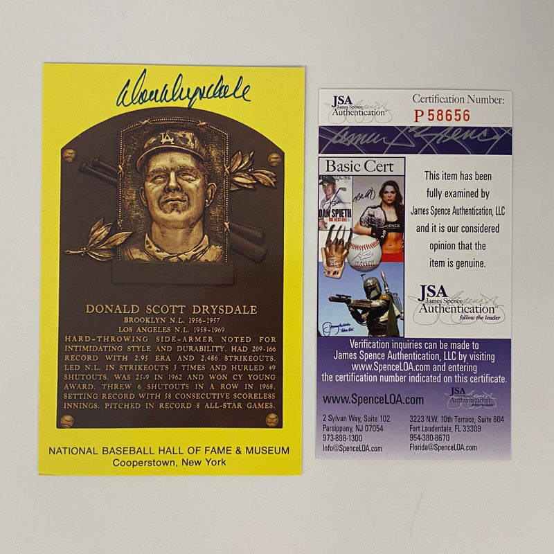 Autographed/Signed Don Drysdale HOF Hall Of Fame Baseball Plaque Postcard JSA COA