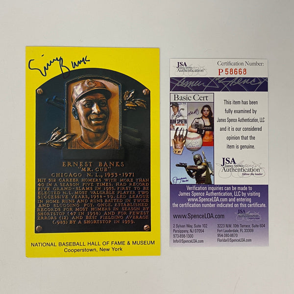 Autographed/Signed Ernie Banks HOF Hall Of Fame Baseball Plaque Postcard JSA COA