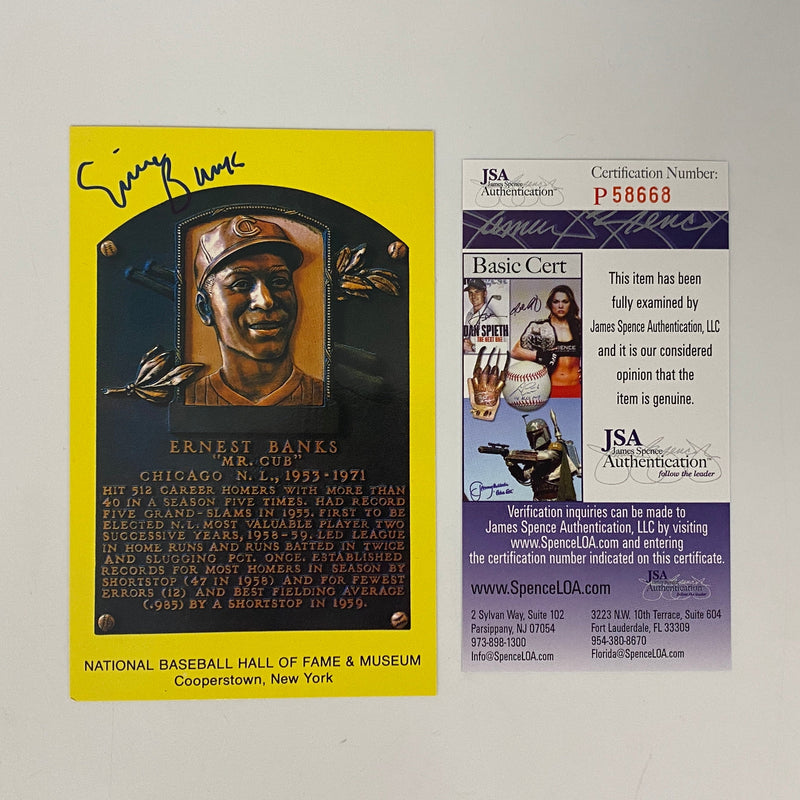 Autographed/Signed Ernie Banks HOF Hall Of Fame Baseball Plaque Postcard JSA COA
