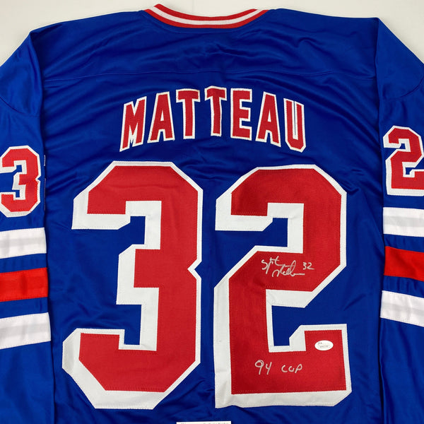 Autographed/Signed Stephane Matteau 94 Cup New York Blue Hockey Jersey JSA COA