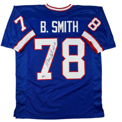 Autographed/Signed Bruce Smith HOF 09 Buffalo Blue Football Jersey Beckett BAS COA