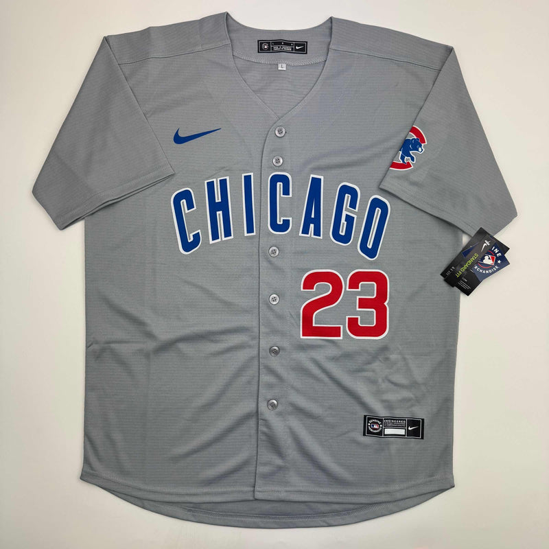 Autographed/Signed Ryne Sandberg HOF 05 Chicago Cubs Majestic Grey Baseball Jersey JSA COA