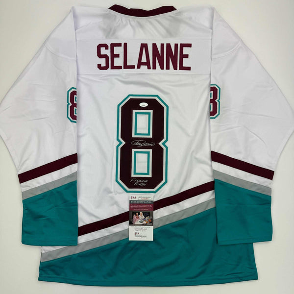 Autographed/Signed Teemu Selanne "Finnish Flash" Anaheim White Retro Hockey Jersey JSA COA