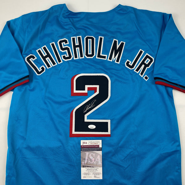 Autographed/Signed Jazz Chisholm Jr. Miami Blue Baseball Jersey JSA COA