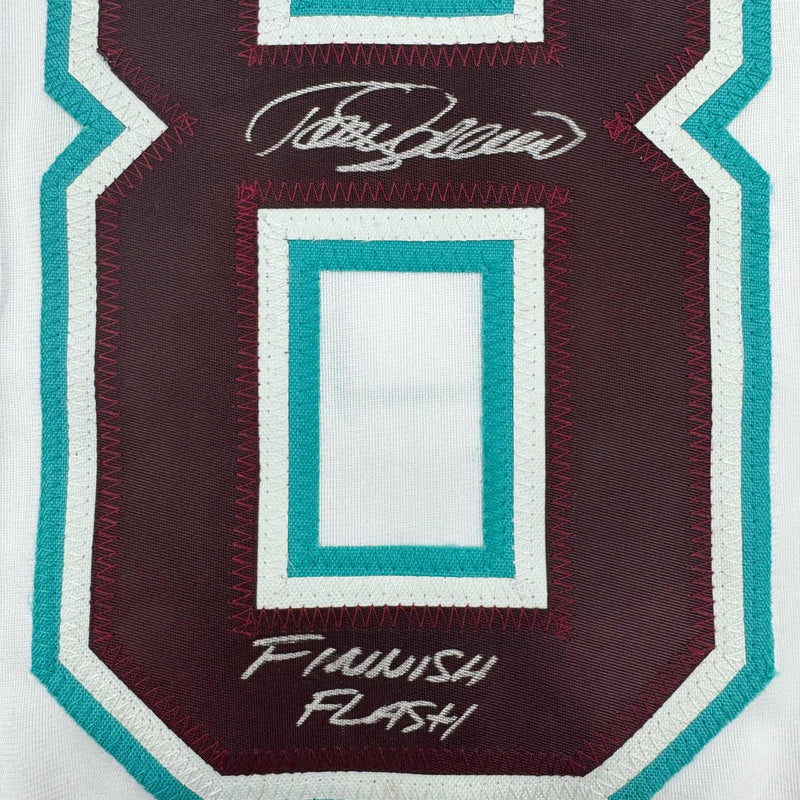 Autographed/Signed Teemu Selanne "Finnish Flash" Anaheim White Retro Hockey Jersey JSA COA