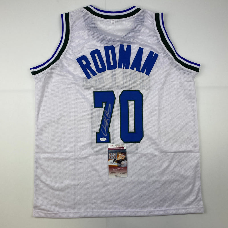 Autographed/Signed Dennis Rodman Dallas White Basketball Jersey JSA COA
