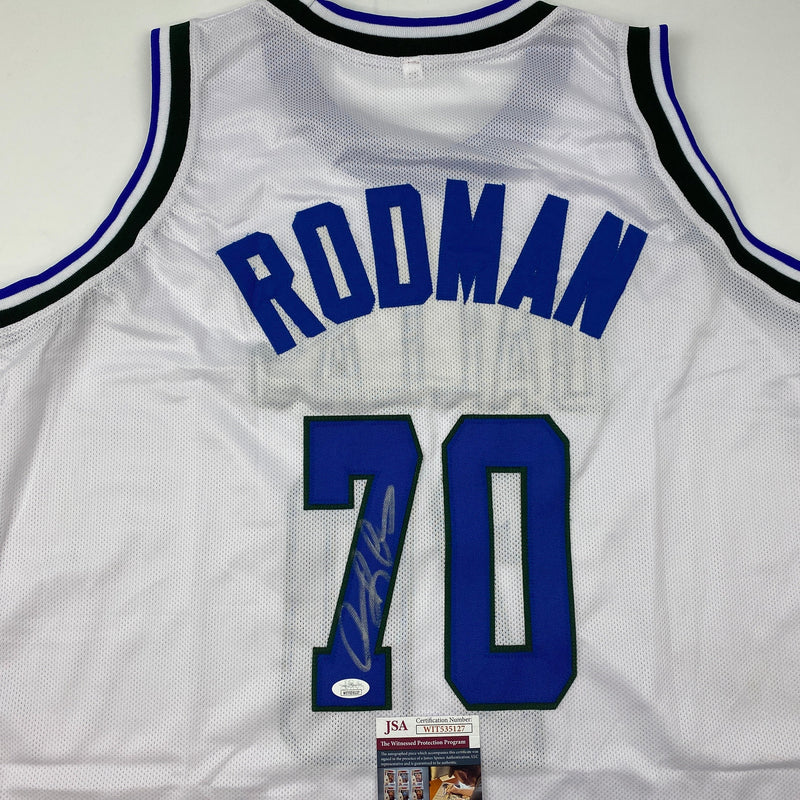 Autographed/Signed Dennis Rodman Dallas White Basketball Jersey JSA COA
