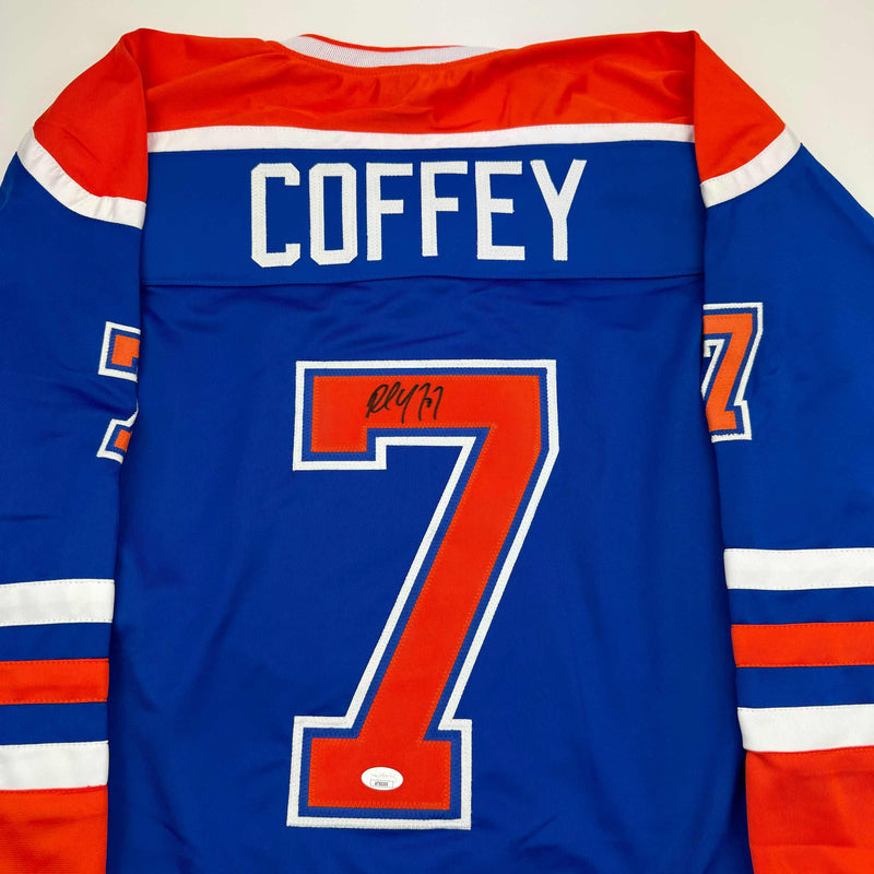 Autographed/Signed Paul Coffey Edmonton Blue Hockey Jersey JSA COA