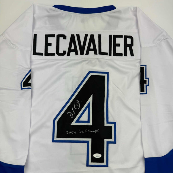 Autographed/Signed Vincent Lecavalier 2004 SC Champs Tampa Bay White Hockey Jersey JSA COA