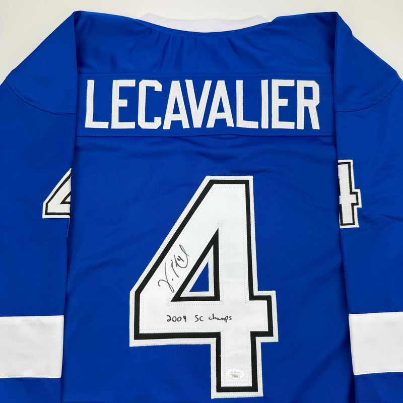 Autographed/Signed Vincent Lecavalier 2004 SC Champs Tampa Bay Blue Hockey Jersey JSA COA