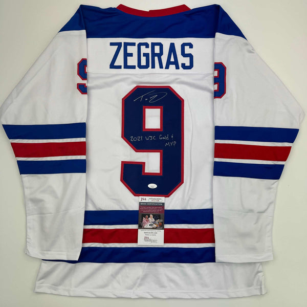 Autographed/Signed Trevor Zegras 2021 WJC Gold & MVP Team USA White Hockey Jersey JSA COA