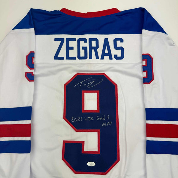 Autographed/Signed Trevor Zegras 2021 WJC Gold & MVP Team USA White Hockey Jersey JSA COA
