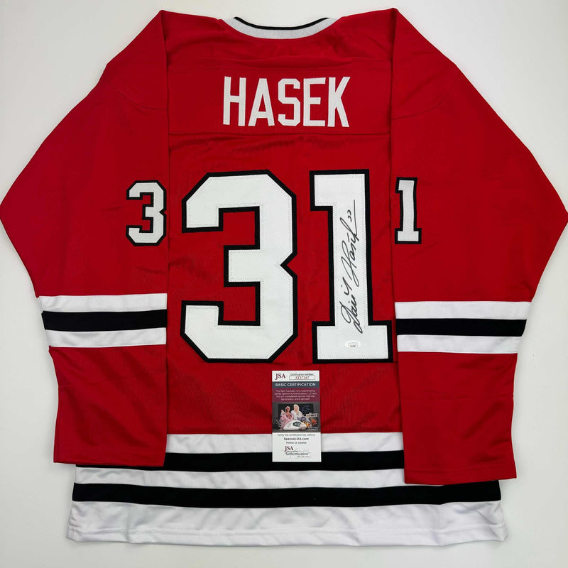Autographed/Signed Dominik Hasek Chicago Red Hockey Jersey JSA COA