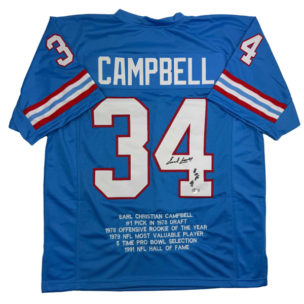 Autographed/Signed Earl Campbell HOF 91 Houston Blue Stat Football Jersey JSA COA