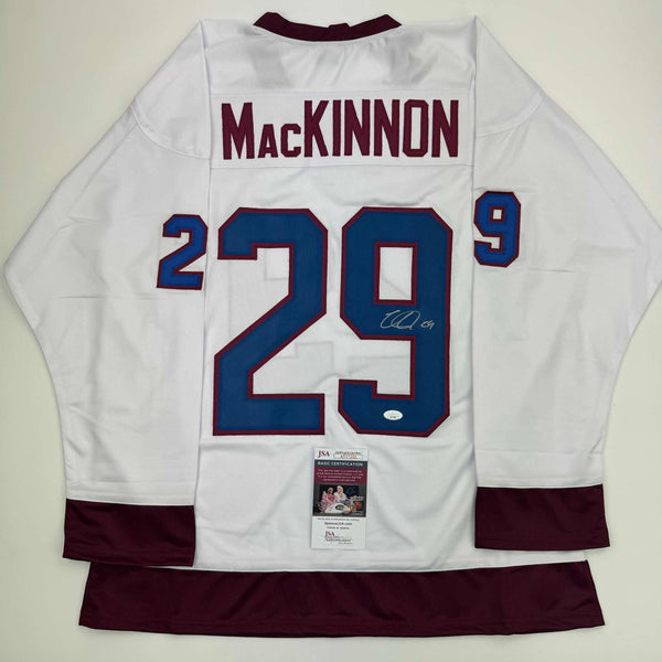 Autographed/Signed Nathan MacKinnon Colorado White Hockey Jersey JSA COA