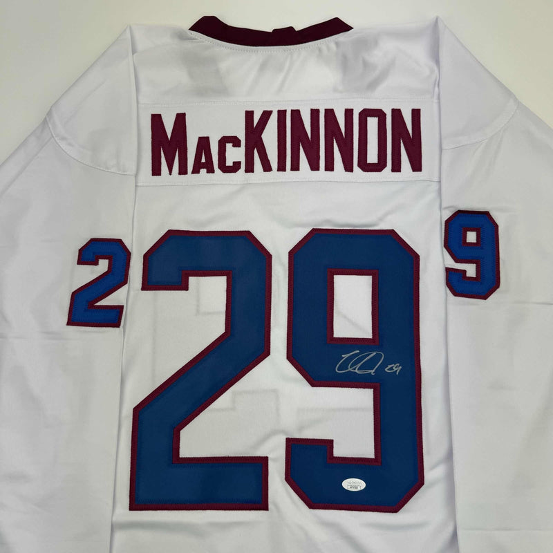 Autographed/Signed Nathan MacKinnon Colorado White Hockey Jersey JSA COA