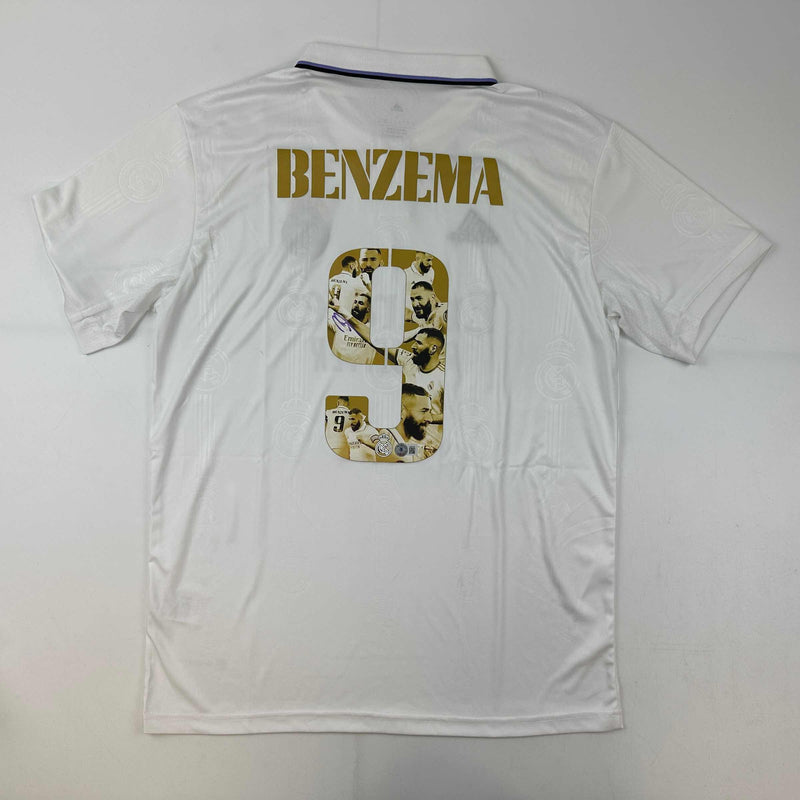 Autographed/Signed Karim Benzema Real Madrid Player Art White Soccer Jersey Beckett BAS COA