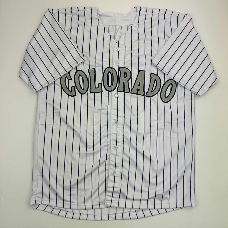 Autographed/Signed Todd Helton HOF 24 Colorado Pinstripe Baseball Jersey Tristar COA