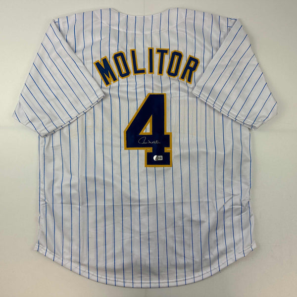 Autographed/Signed Paul Molitor Milwaukee Pinstripe Baseball Jersey Beckett BAS COA