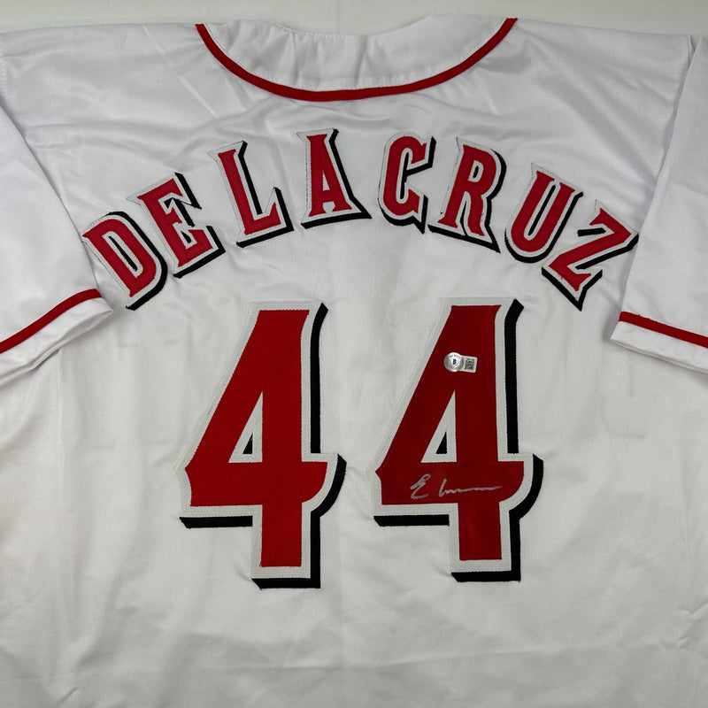 Autographed/Signed Elly De La Cruz Cincinnati White Baseball Jersey Beckett BAS COA