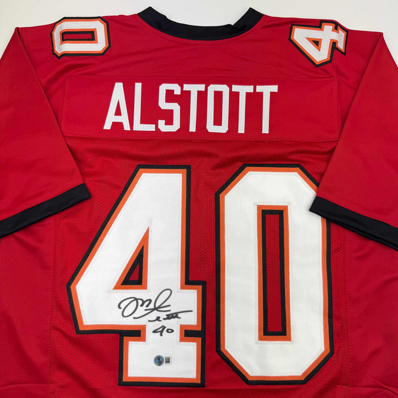 Autographed/Signed Mike Alstott Tampa Bay Red Football Jersey Beckett BAS COA