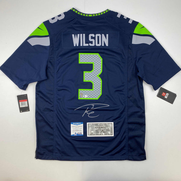 Autographed/Signed Russell Wilson Seattle Seahawks Blue Authentic Football Jersey Beckett BAS COA