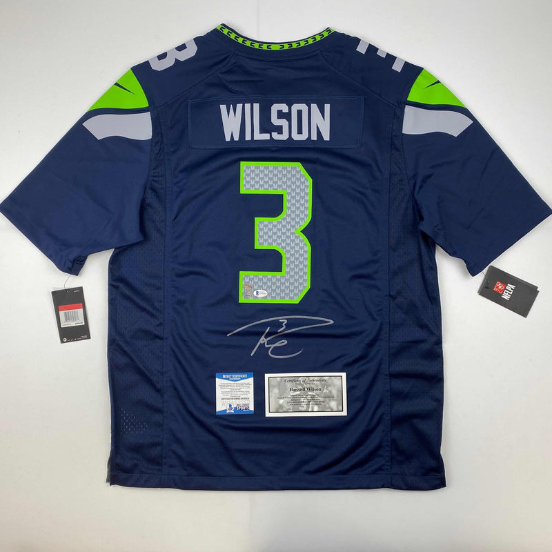 Autographed/Signed Russell Wilson Seattle Seahawks Blue Authentic Football Jersey Beckett BAS COA