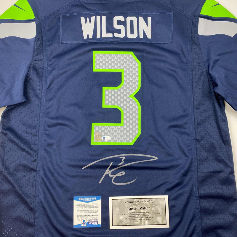 Autographed/Signed Russell Wilson Seattle Seahawks Blue Authentic Football Jersey Beckett BAS COA