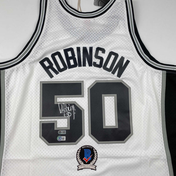Autographed/Signed David Robinson San Antonio Spurs White Mitchell & Ness HWC Basketball Jersey Beckett BAS COA