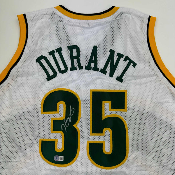 Autographed/Signed Kevin Durant Seattle White Basketball Jersey Beckett BAS COA