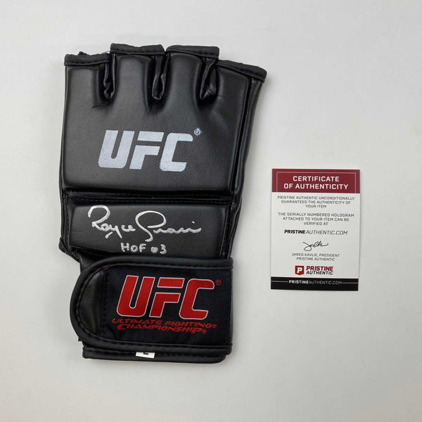 Autographed/Signed Royce Gracie HOF 03 UFC MMA Black Fighting Glove Pristine PA COA