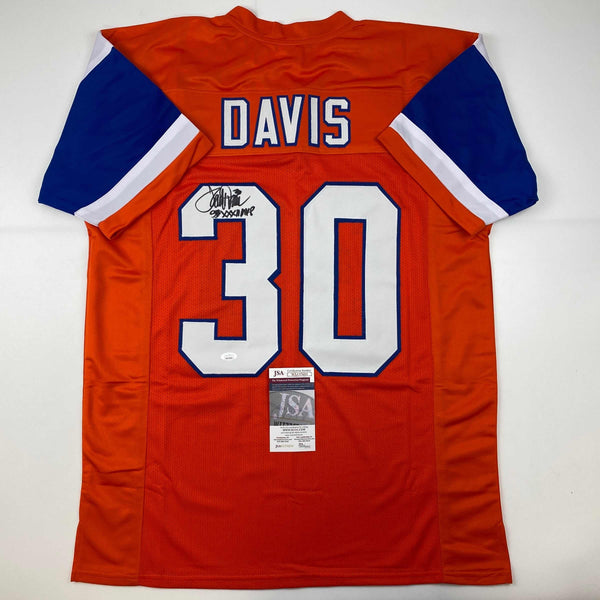 Autographed/Signed Terrell Davis SB XXXII MVP Denver Retro Orange Football Jersey JSA COA