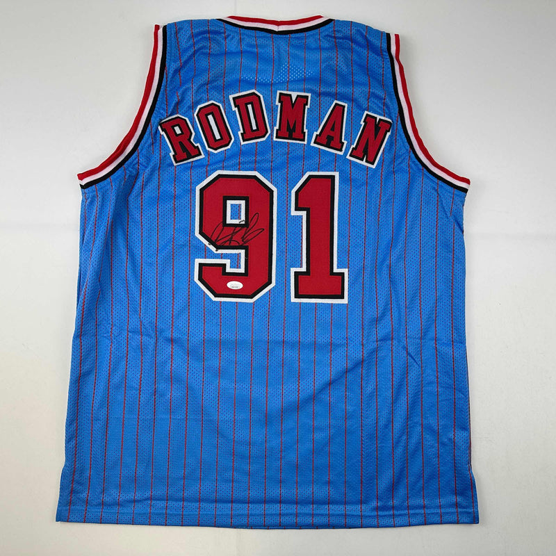 Autographed/Signed Dennis Rodman Chicago Blue Pinstripe Basketball Jersey JSA COA
