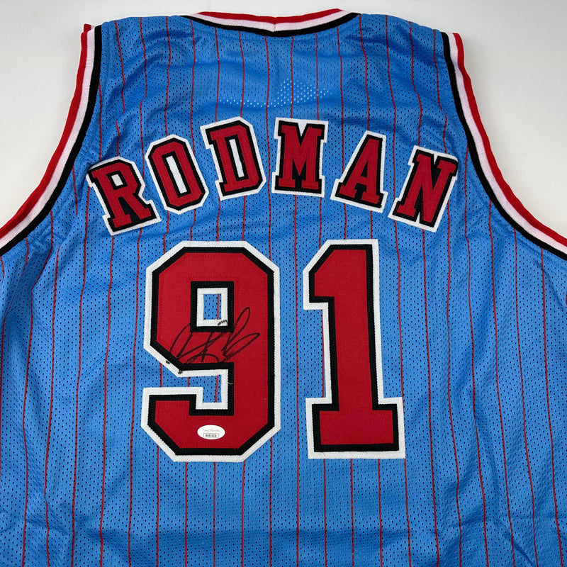 Autographed/Signed Dennis Rodman Chicago Blue Pinstripe Basketball Jersey JSA COA