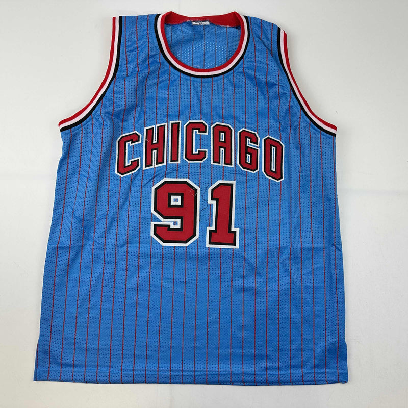 Autographed/Signed Dennis Rodman Chicago Blue Pinstripe Basketball Jersey JSA COA