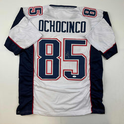 Autographed/Signed Chad Ochocinco (Johnson) New England White Football Jersey JSA COA
