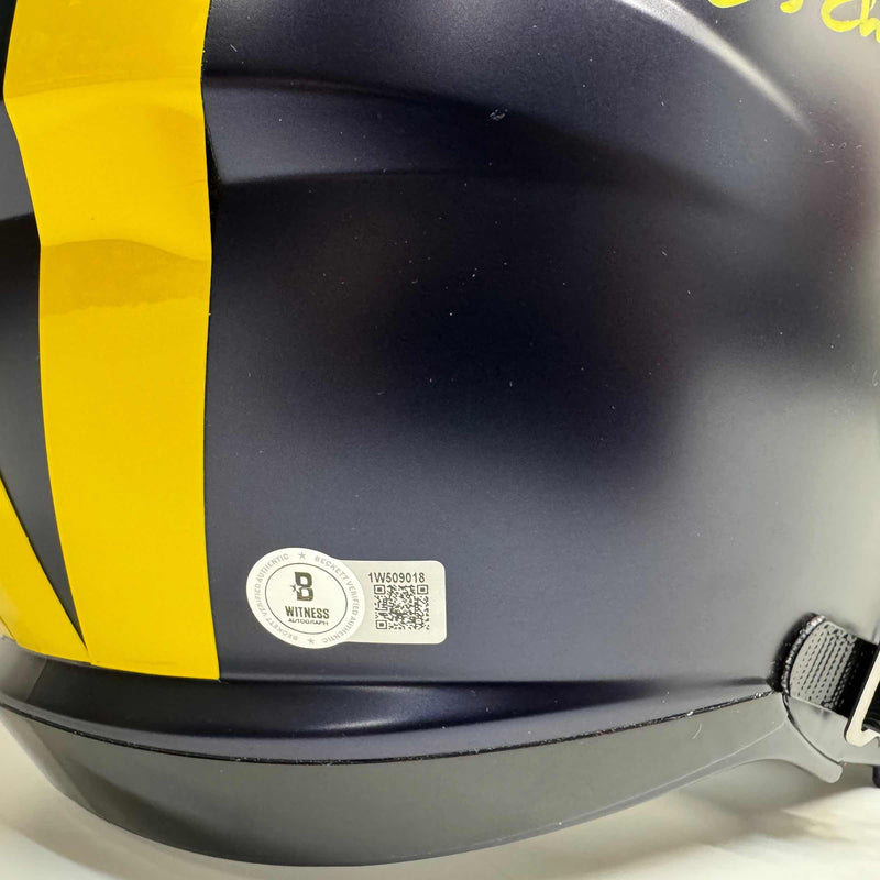 Autographed/Signed Blake Corum "2023 Champs" Michigan Wolverines Full Size FS F/S Speed Replica College Football Helmet Beckett BAS COA