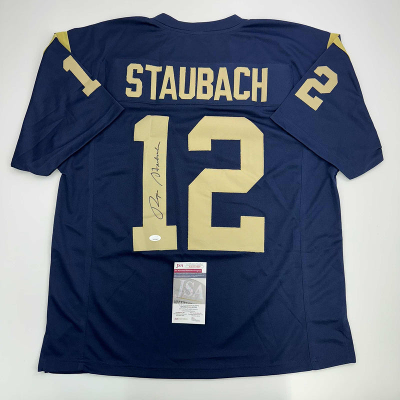 Autographed/Signed Roger Staubach Navy Midshipmen Blue College Football Jersey JSA COA