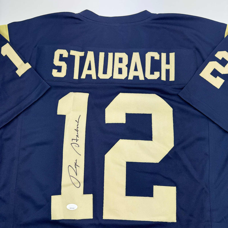 Autographed/Signed Roger Staubach Navy Midshipmen Blue College Football Jersey JSA COA