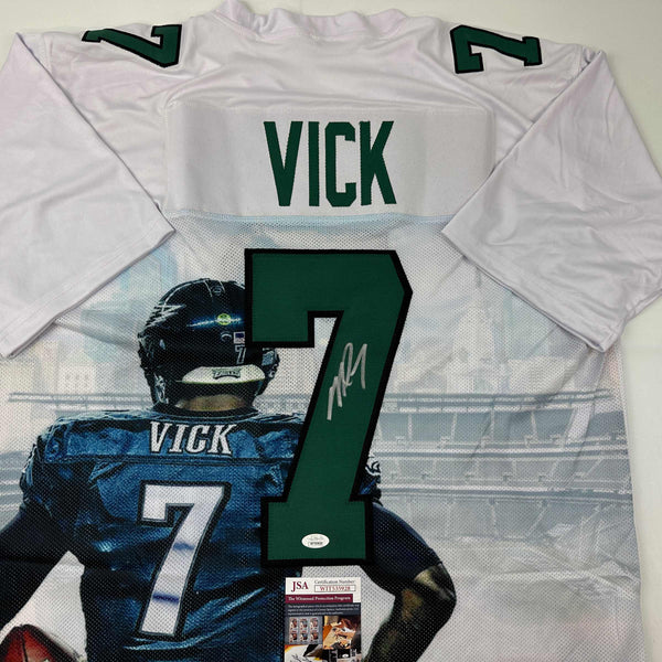 Autographed/Signed Michael Mike Vick Philadelphia White Artwork Photo Football Jersey JSA COA
