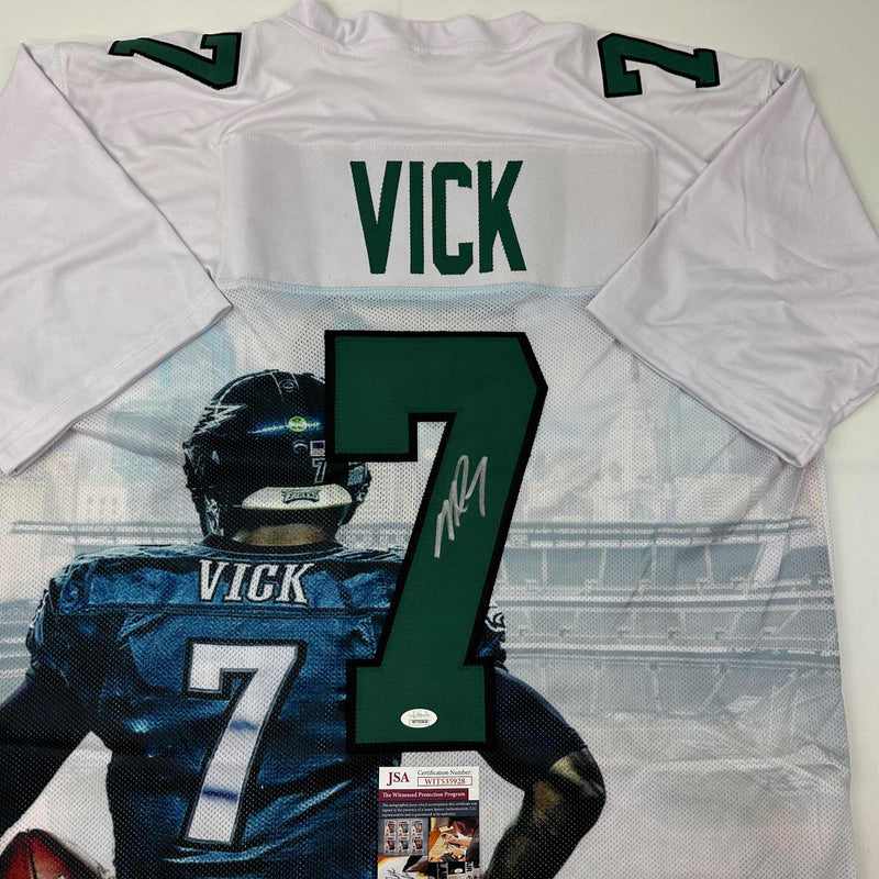 Autographed/Signed Michael Mike Vick Philadelphia White Artwork Photo Football Jersey JSA COA
