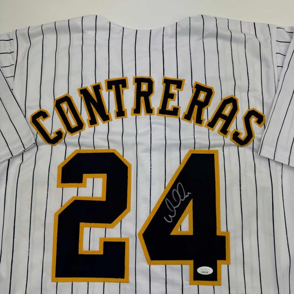 Autographed/Signed William Contreras Milwaukee Pinstripe Baseball Jersey JSA COA